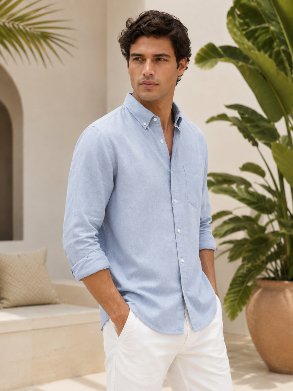Light Blue Linen Shirt For Men